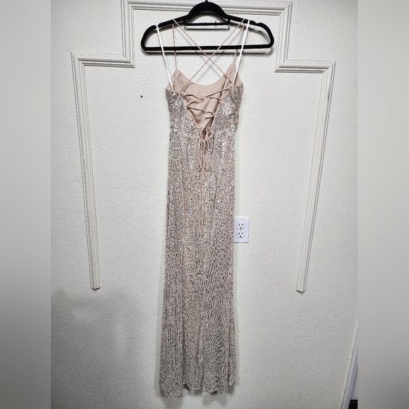 Lulus Evenings of Elegance Silver Sequin Lace-Up Maxi Dress M Wedding Party Prom - Picture 7 of 9